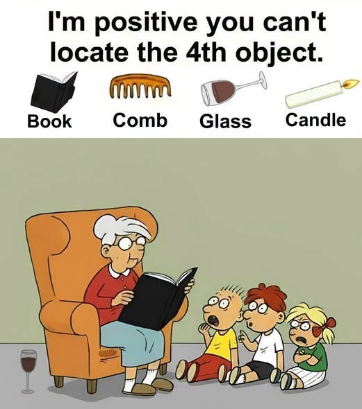 Find Book, Comb, Glass, Candle.